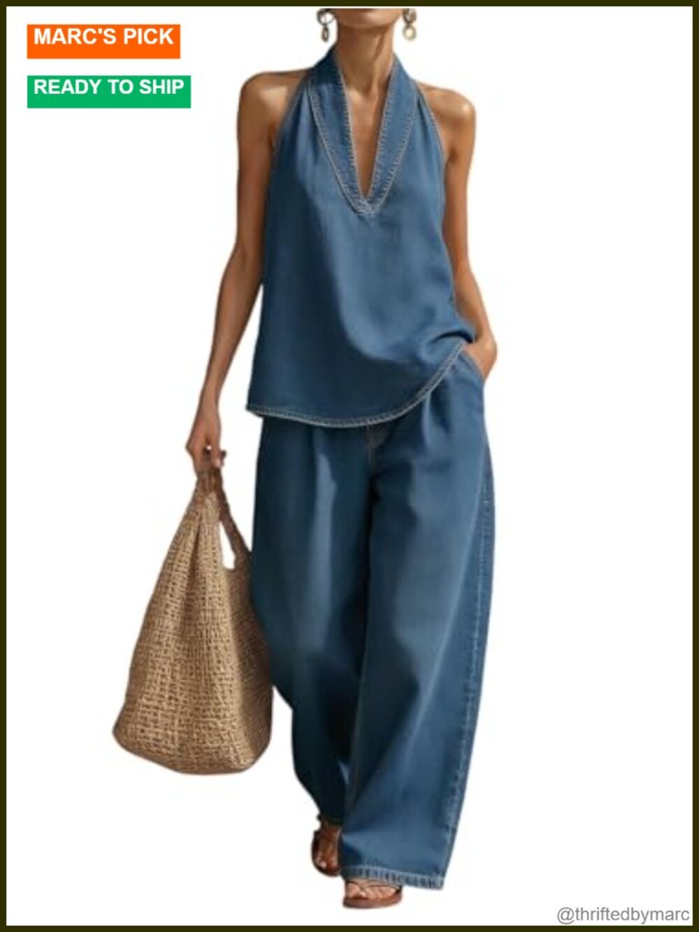 Womens 2 Piece Denim Outfit Halter Top Wide Leg Pant Set Travel Casual